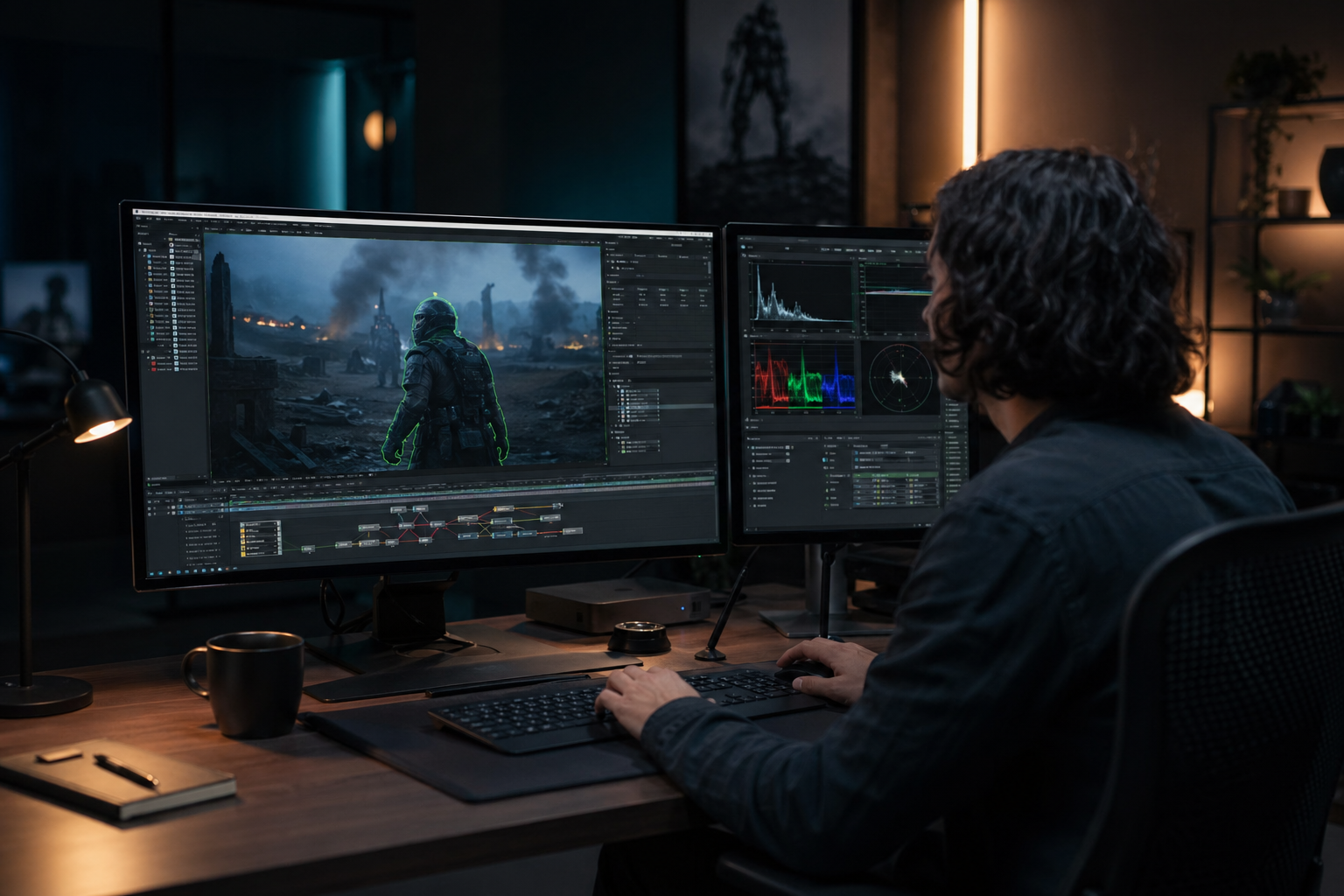 A2Z VFX artist working on rotoscoping and compositing in a professional post-production studio